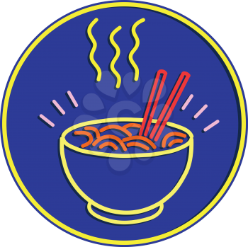 Retro style illustration showing a 1990s neon sign light signage lighting of a hot noodle bowl with chopsticks set in circle on blue background.