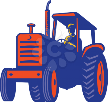 Retro style illustration of a vintage farm tractor viewed from front on low angle on isolated background.