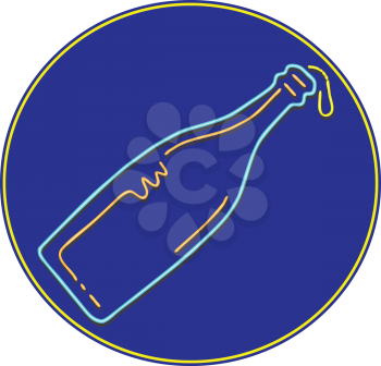 Retro style illustration showing a 1990s neon sign light signage lighting of a champagne wine bottle dripping or pouring liquid on blue circle on isolated background.