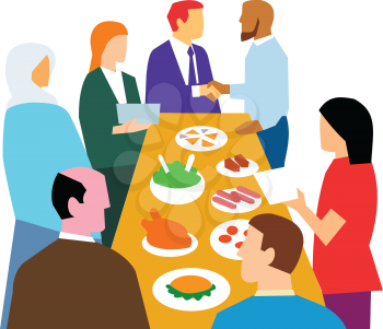 Retro style illustration showing the concept of diversity in workplace with diverse cultures in an office party celebration on isolated white background.