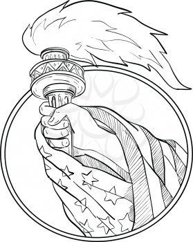 Drawing sketch style illustration of a hand holding a Statue of Liberty torch with American USA stars and stripes flag draped on arm set inside oval on isolated white background in black and white.