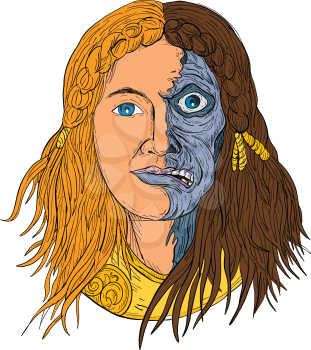 Drawing sketch style illustration of face of Hel, a goddess in Norse mythology, with face half skeleton and half flesh with  gloomy, downcast appearance viewed from front on isolated white background in color.