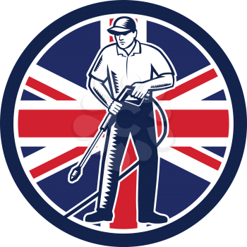 Illustration of British worker with pressure washer chemical washing using high-pressure water spray with UK United Kingdom Union Jack flag set inside circle done in retro woodcut style. 