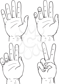 Drawing sketch style illustration showing the sequence progression of a human hand doing a two finger V or Victory sign or peace sign symbol. 