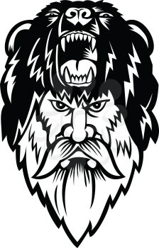 Black and White illustration of head of a berserker or bear warrior wearing bear skin viewed from front  on isolated background in retro style.