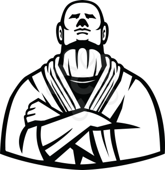 Mascot icon illustration of a Brazilian Jiu Jitsu or Gracie Jujutsu master with arms folded viewed from font  on isolated background in Black and White retro style.