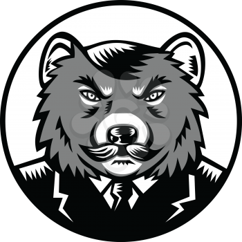 Retro woodcut style illustration of an angry Tasmanian devil with moustache wearing business suit coat and tie set inside circle viewed from front on isolated background done in grayscale. 