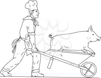 Drawing sketch style illustration of a chef, cook, baker or butcher with wheelbarrow carrying a pig viewed from side on isolated white background in black and white.