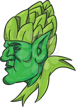 Drawing sketch style illustration of a green elf,  a human-shaped supernatural being in Germanic mythology and folklore looking to side wearing a hops hat on head on isolated white background.