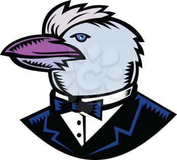 Retro woodcut style illustration of head of Kookaburra, a terrestrial tree kingfisher of genus Dacelo, native to Australia wearing tuxedo coat and bow tie side on isolated background in full color.