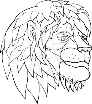 Cartoon style illustration of a head of a lion with full mane in pensive mood viewed from side on isolated background in black and white.