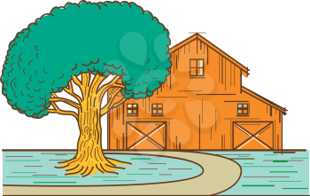 Mono line illustration of an American barn or farm house with oak tree in front and road done full color monoline style.