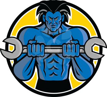 Mascot icon illustration of a blue muscular monster with big hair holding a wrench or spanner set inside circle viewed from   front on isolated background in retro style.