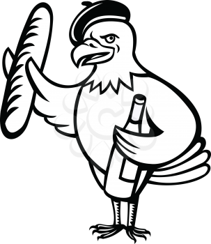 Cartoon style illustration of an American eagle mascot wearing a French beret and holding a baguette in one wing and a bottle of wine in other.
