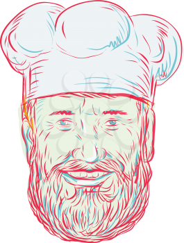 Drawing sketch style illustration of a hipster baker, cook, chef, food worker wearing a beard viewed from front on isolated white background.