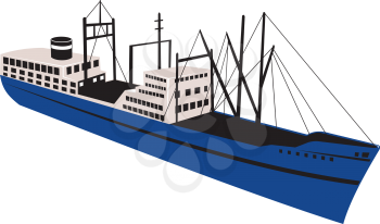 Retro style illustration of a  vintage cargo, merchant or passenger ship ocean liner viewed from high angle on isolated background.