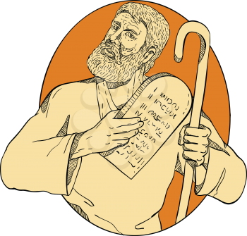 Drawing sketch style illustration of Moses, a prophet in the Abrahamic religions. leader of Israelites and lawgiver, with Ten Commandments set inside oval on isolated white background in color.