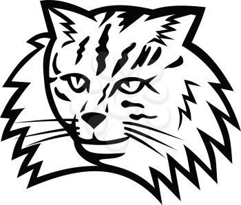 Black and White mascot illustration of head of a Norwegian Forest Cat, a breed of domestic cat originating in Northern Europe viewed from front on isolated background in retro style.