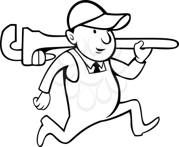 Cartoon style illustration of a plumber or handyman holding carrying a monkey wrench on isolated white background done in black and white.