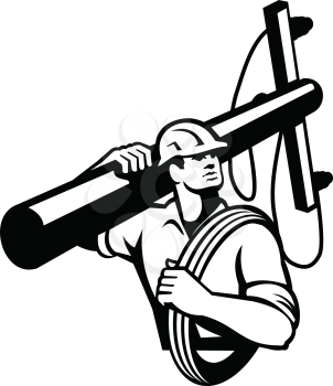 Illustration of a power lineman telephone repairman worker carrying a utility pole or electric post and cable on his shoulder looking to side done in retro style on isolated background.