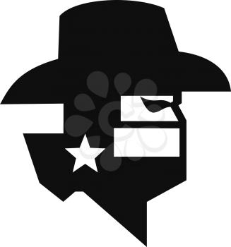 Black and White style illustration of head of Texan bandit or outlaw wearing a cowboy hat, mask or bandana withTexas Lone Star flag viewed from side on isolated background.