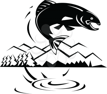 Retro style illustration of a trout or salmon fish jumping from lake with trees and mountains in background on isolated background in black and white.