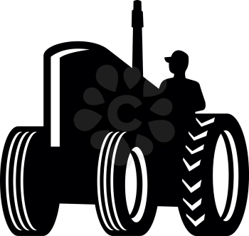 Retro style illustration of a Silhouette of a vintage Farm Tractor viewed from a low angle on isolated white background done in retro black and white style.