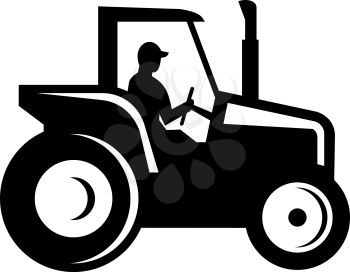 Illustration of a Silhouette of a vintage farm tractor set on isolated white background viewed from the side done in retro woodcut Black and White style. 