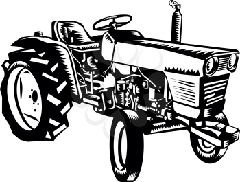 Illustration of a vintage farm tractor set on isolated white background viewed from the side done in retro woodcut Black and White style. 