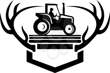 Retro style illustration of a White Tail Deer Antler framing a farmer driving a vintage farm Tractor viewed from side on isolated background done in retro Black and White style.