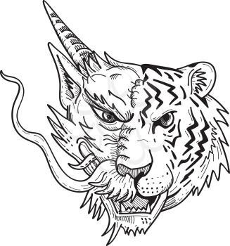 Drawing sketch style illustration of a head of a half Chinese dragon half Bengal tiger viewed from front on isolated white background done in black and white.