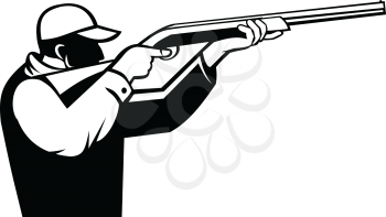 Retro style illustration of a bird hunter or duck shooter aiming with shotgun rifle viewed from side on isolated background done in black and white.