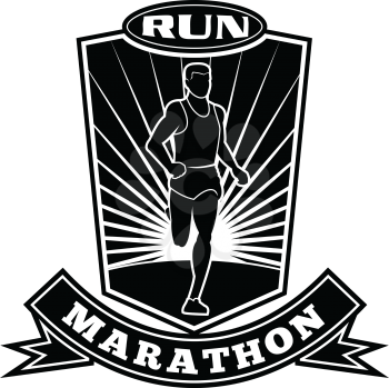 Black and white illustration of a marathon triathlete runner running facing front view set inside shield crest with words run marathon on isolated done in retro style.