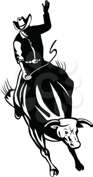 Retro style black and white illustration of rodeo cowboy bull rider riding a bucking bull viewed from front on isolated background.