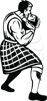 Retro black and white style illustration of a Scot or Highlander putting the heavy stone or stone put participating in Scottish highland games on isolated white background.