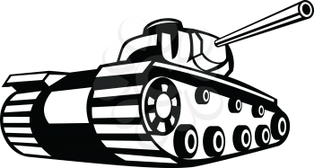 Retro black and white style illustration of World War Two battle tank pointing it's gun or cannon to side on isolated background.