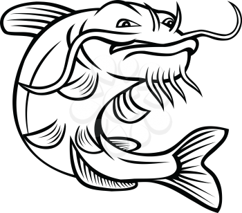 Cartoon style illustration of a channel catfish Ictalurus punctatus or channel cat, North America's most numerous catfish species, jumping up on isolated white background done in black and white.