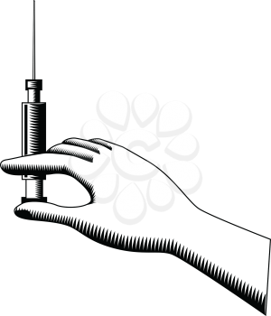 Retro woodcut style illustration of a hand holding a syringe with hypodermic needle viewed from side on isolated background done in black and white.