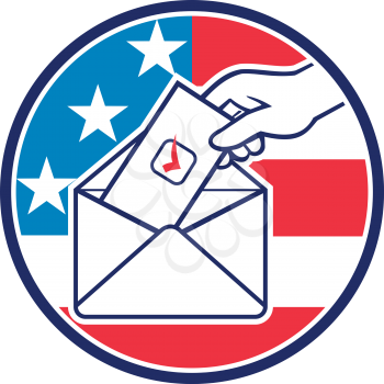 Retro style illustration of a hand of an American voter putting ballot or vote inside postal ballot envelope with USA stars and stripes flag inside circle on isolated background.
