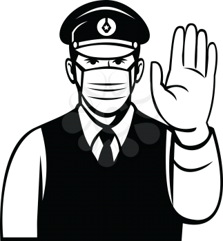 Black and white cartoon illustration of a Japanese policeman or police officer wearing face mask or covering showing stop hand signal viewed from front in retro style on isolated background.