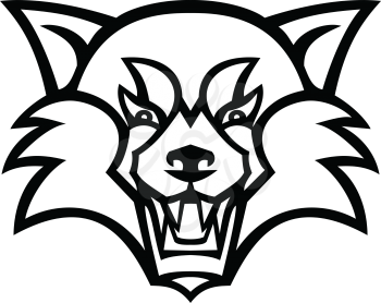 Mascot illustration of head of an angry red panda, the lesser panda, red bear-cat, or the red cat-bear viewed from front on isolated background in retro black and white style.