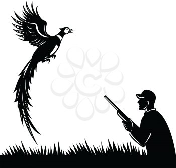 Black and white illustration of a silhouette of a wild game bird hunter with shotgun rifle and pheasant bird flying up viewed from side on isolated white background done in retro style.