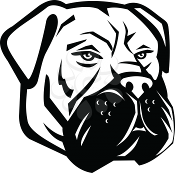 Black and white mascot illustration of head of Bullmastiff, a large-sized breed of domestic dog, with characteristics of molosser dogs on isolated background in retro style.