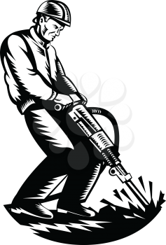 Illustration of a construction worker with jack hammer pneumatic drill drilling working on excavation road work done in retro woodcut black and white style.