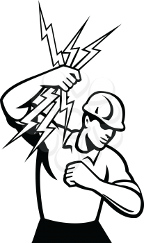 Illustration of an electrician construction worker holding a bunch of lightning bolt done in retro black and white style on isolated white background.