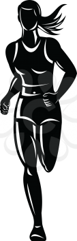 Retro style illustration of a silhouette of a female marathon runner running viewed from front done in black and white.