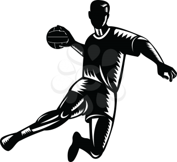 Retro woodcut style illustration of a handball player, also known as team handball, European handball, with ball jumping scoring on isolated background done in black and white.
