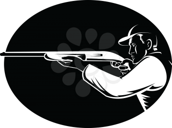 Black and white illustration of a duck hunter with shotgun rifle aiming shooting viewed from the side set inside oval shape done in retro woodcut style on isolated background. 