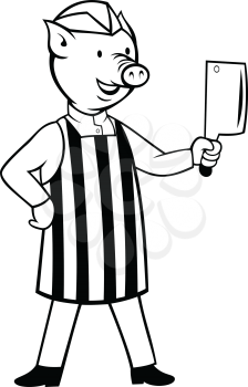 Illustration of a butcher pig standing holding meat cleaver and one hand on hips viewed from front set on isolated white background done in black and white cartoon style. 