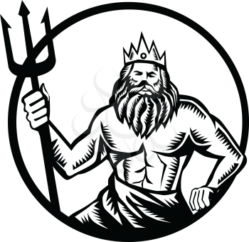 Illustration of neptune or poseidon god of the sea holding trident viewed from front set inside circle on isolated background done in retro black and white woodcut style. 